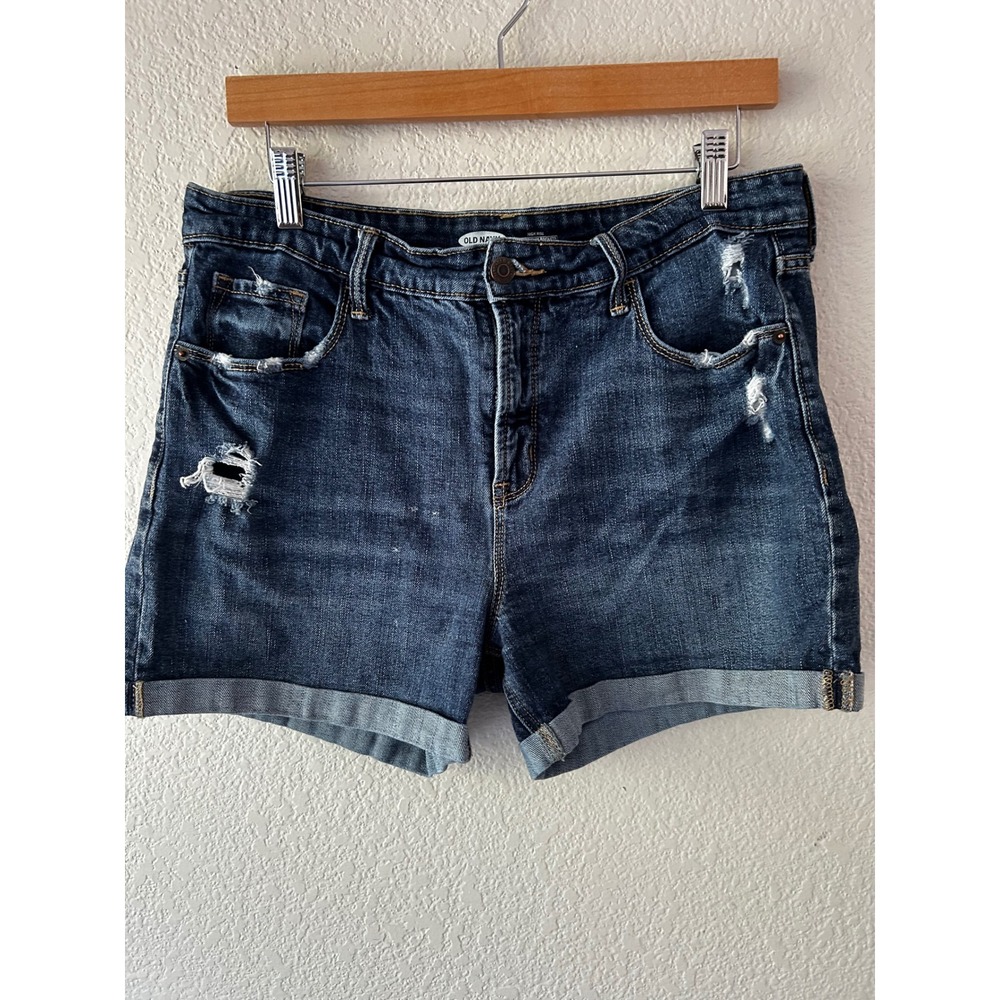 Old Navy Womens High Rise Distressed Denim Shorts Dark‎ Wash Cuffed Size 12
